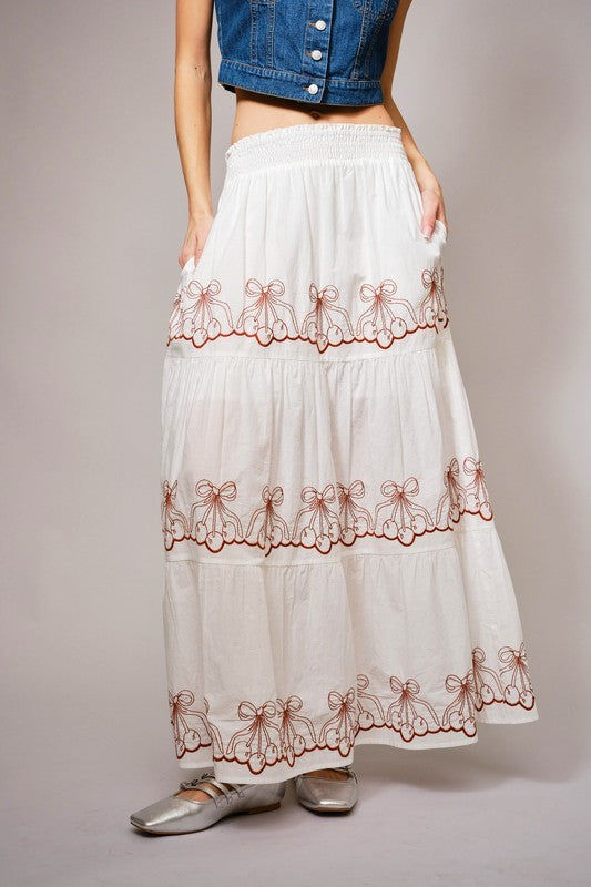 Embroidered Cherry Smocked Maxi Skirt