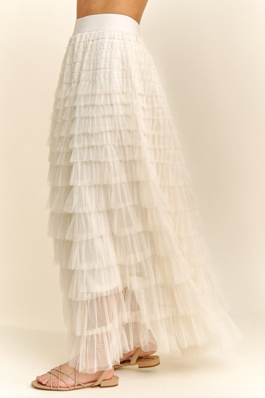 Cream Cascading Tulle Mesh Tiered Maxi Skirt