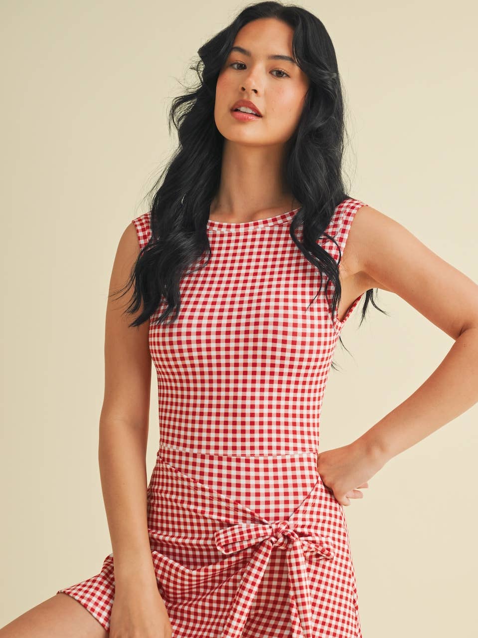Red Gingham Wrap Tie Dress