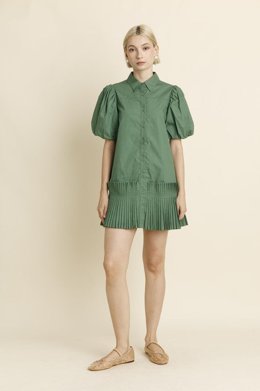 Green Pleated Mini Shirt Dress