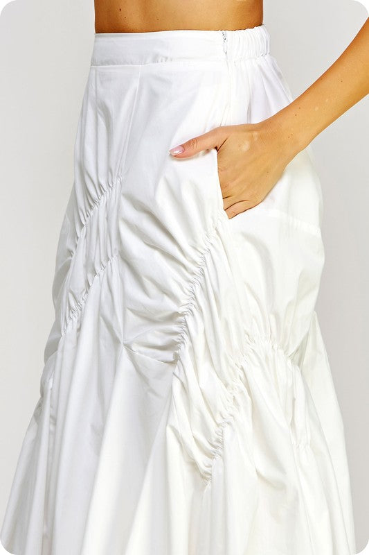 White Asymmetric Ruched Midi Skirt