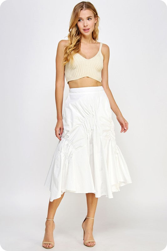 White Asymmetric Ruched Midi Skirt