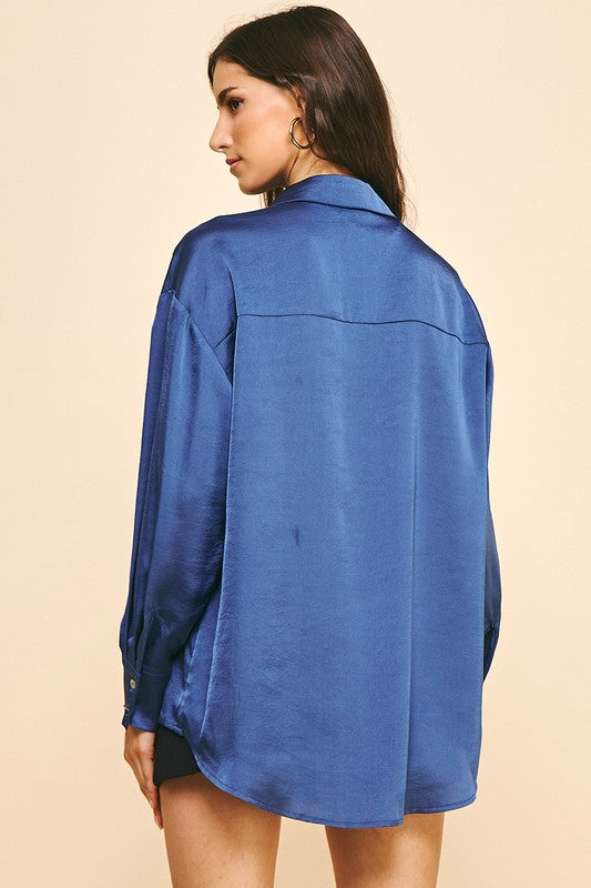 Blue Solid Satin Blouse