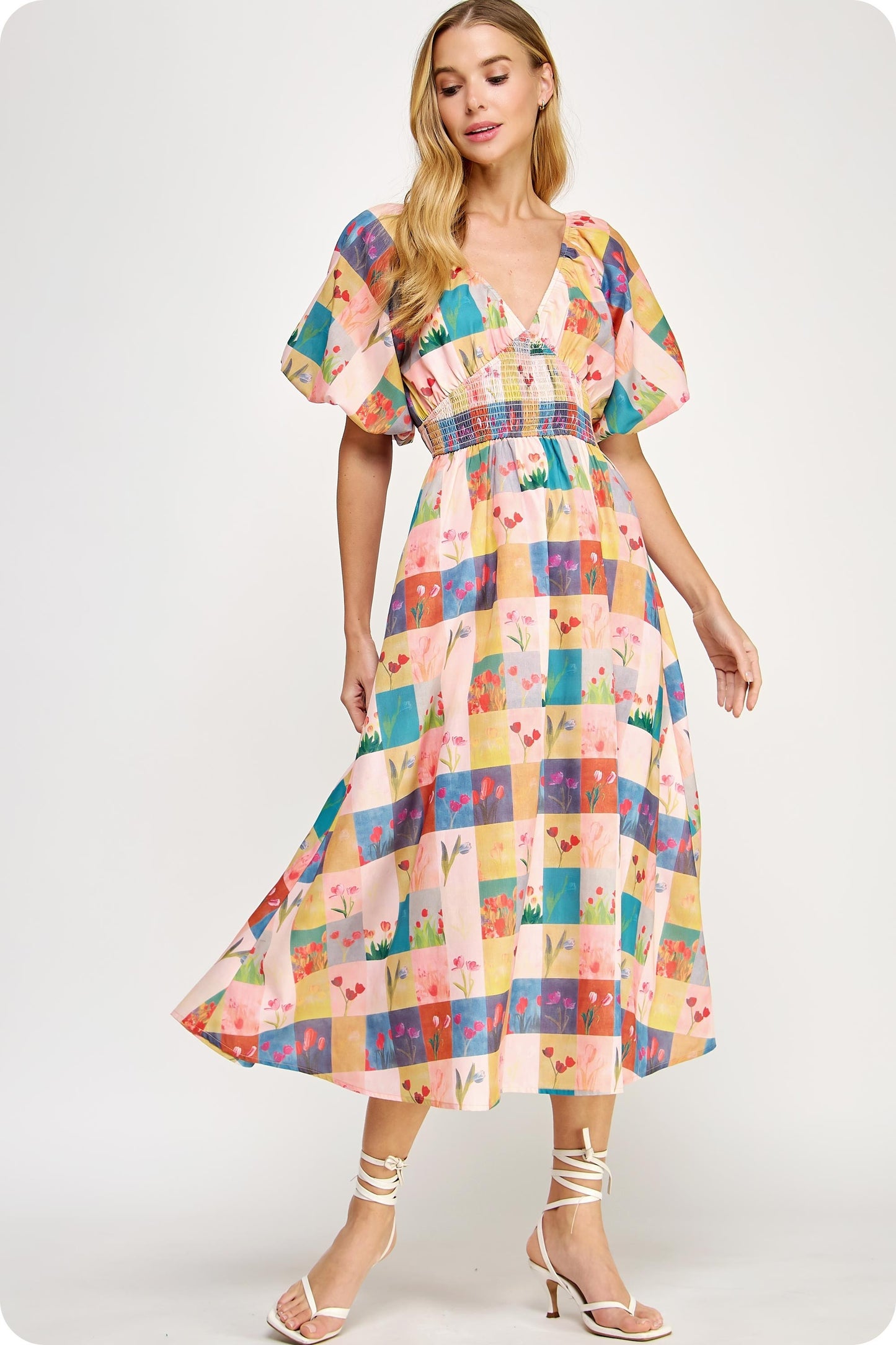 Puff Sleeve Floral Check Dress