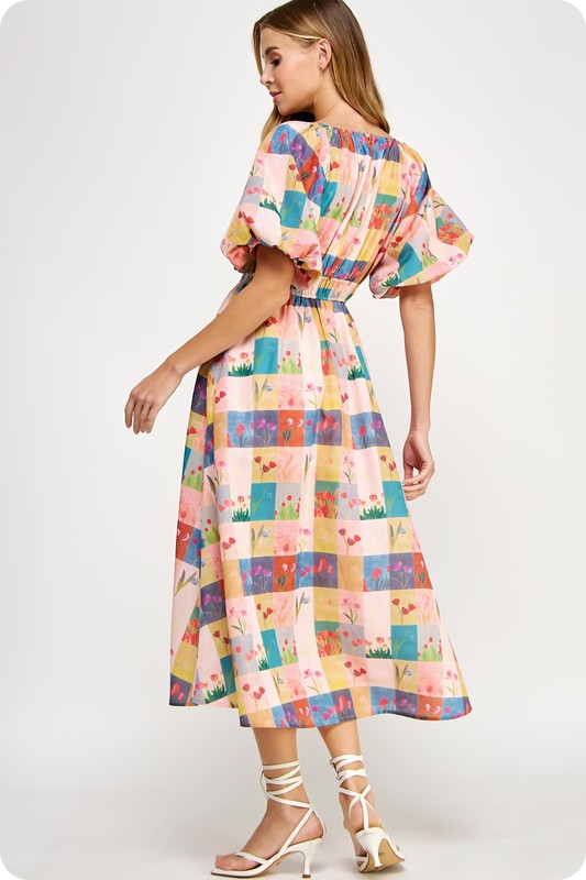 Puff Sleeve Floral Check Dress