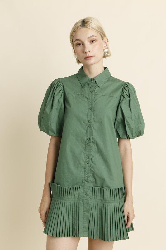 Green Pleated Mini Shirt Dress