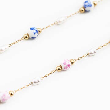 Ceramic Blue and Pearl Mix Bead Chain Necklace