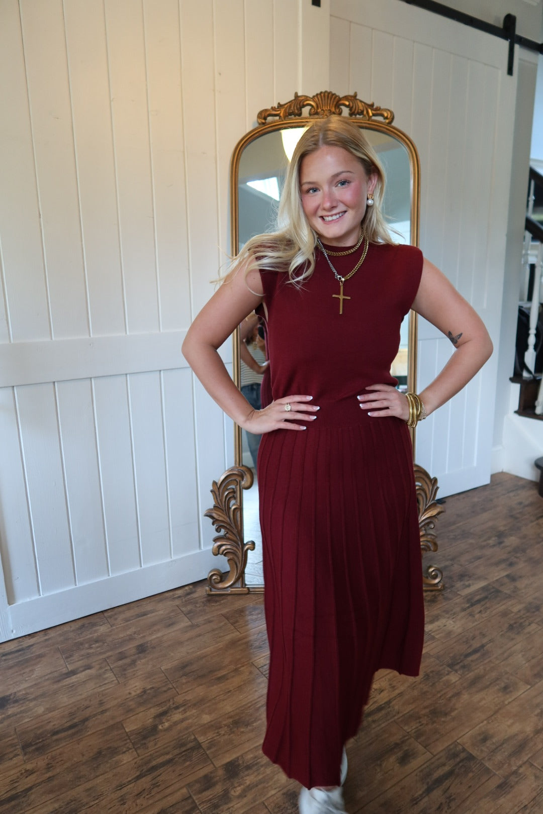 Maroon Knit Midi Dress