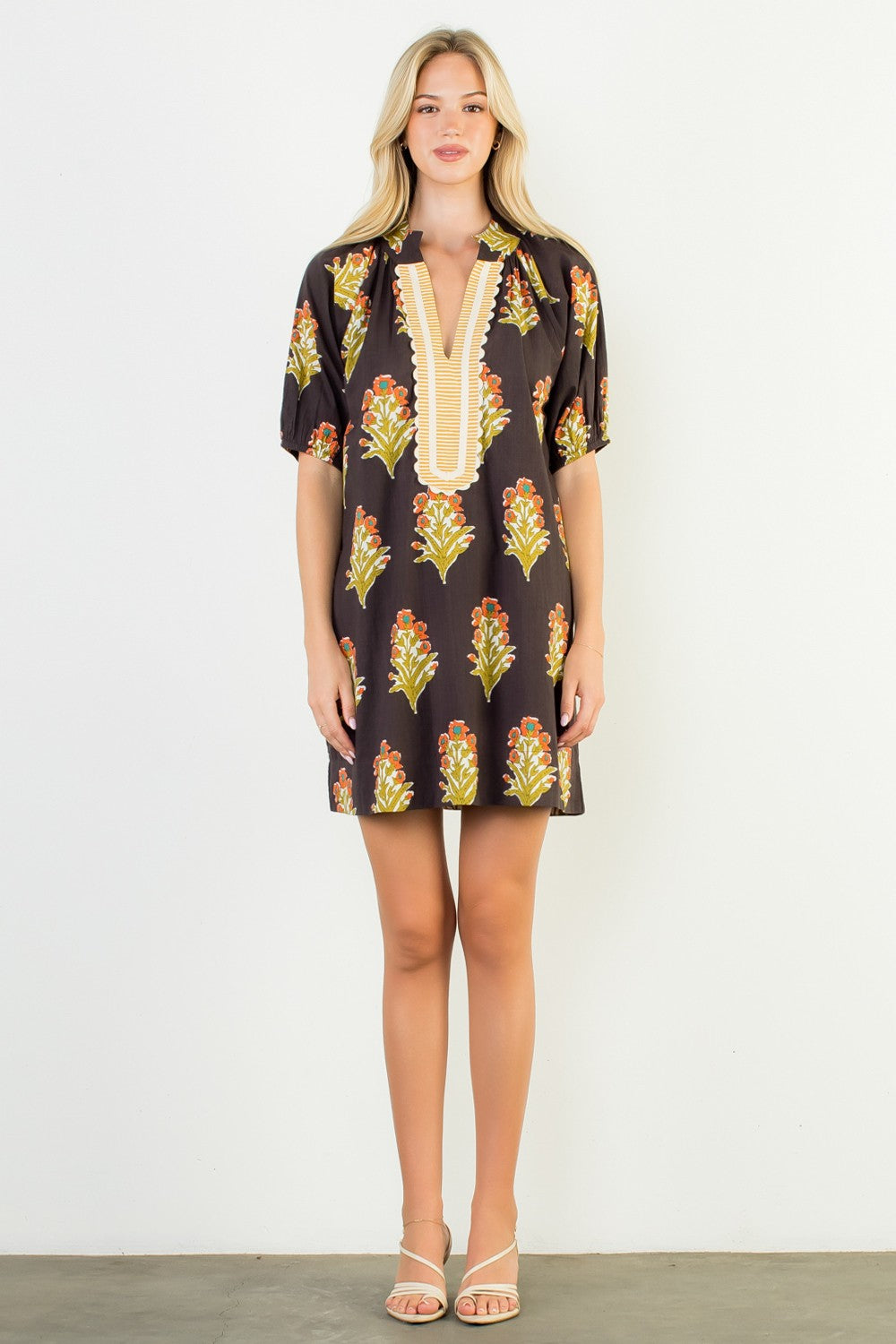 Chocolate Floral Print Striped Dress