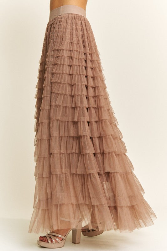 Mocha Cascading Tulle Mesh Tiered Maxi Skirt