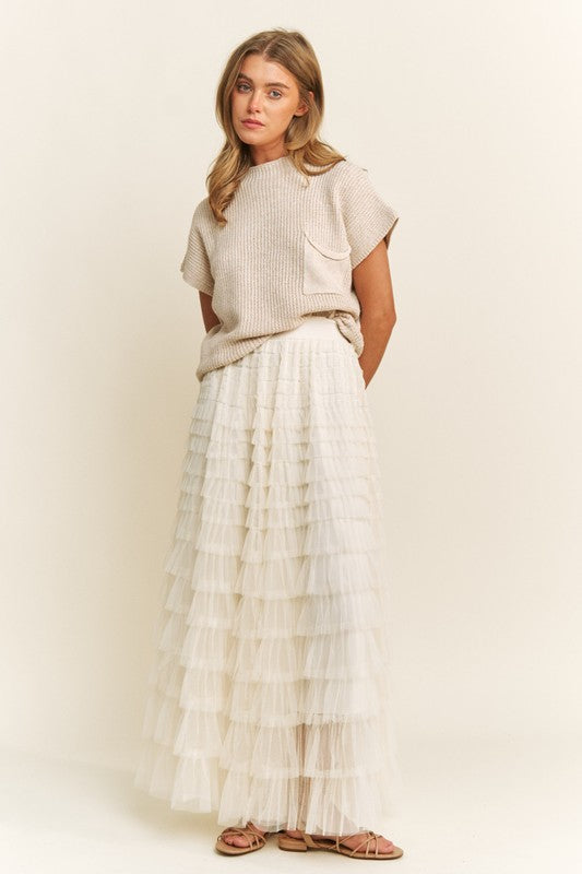 Cream Cascading Tulle Mesh Tiered Maxi Skirt