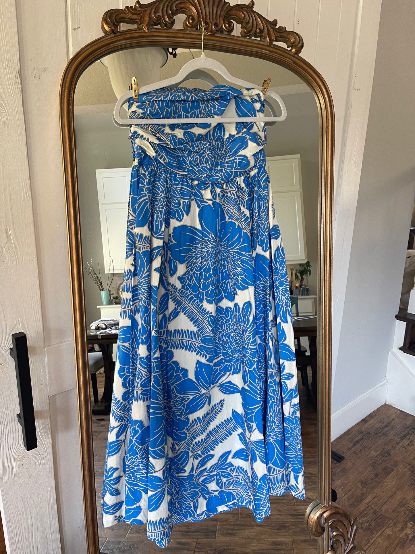 Long Strapless Blue/Cream Dress