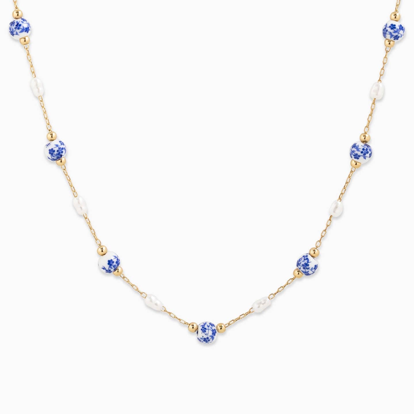 Ceramic Blue and Pearl Mix Bead Chain Necklace