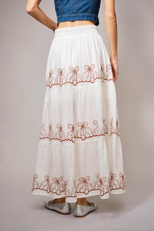 Embroidered Cherry Smocked Maxi Skirt