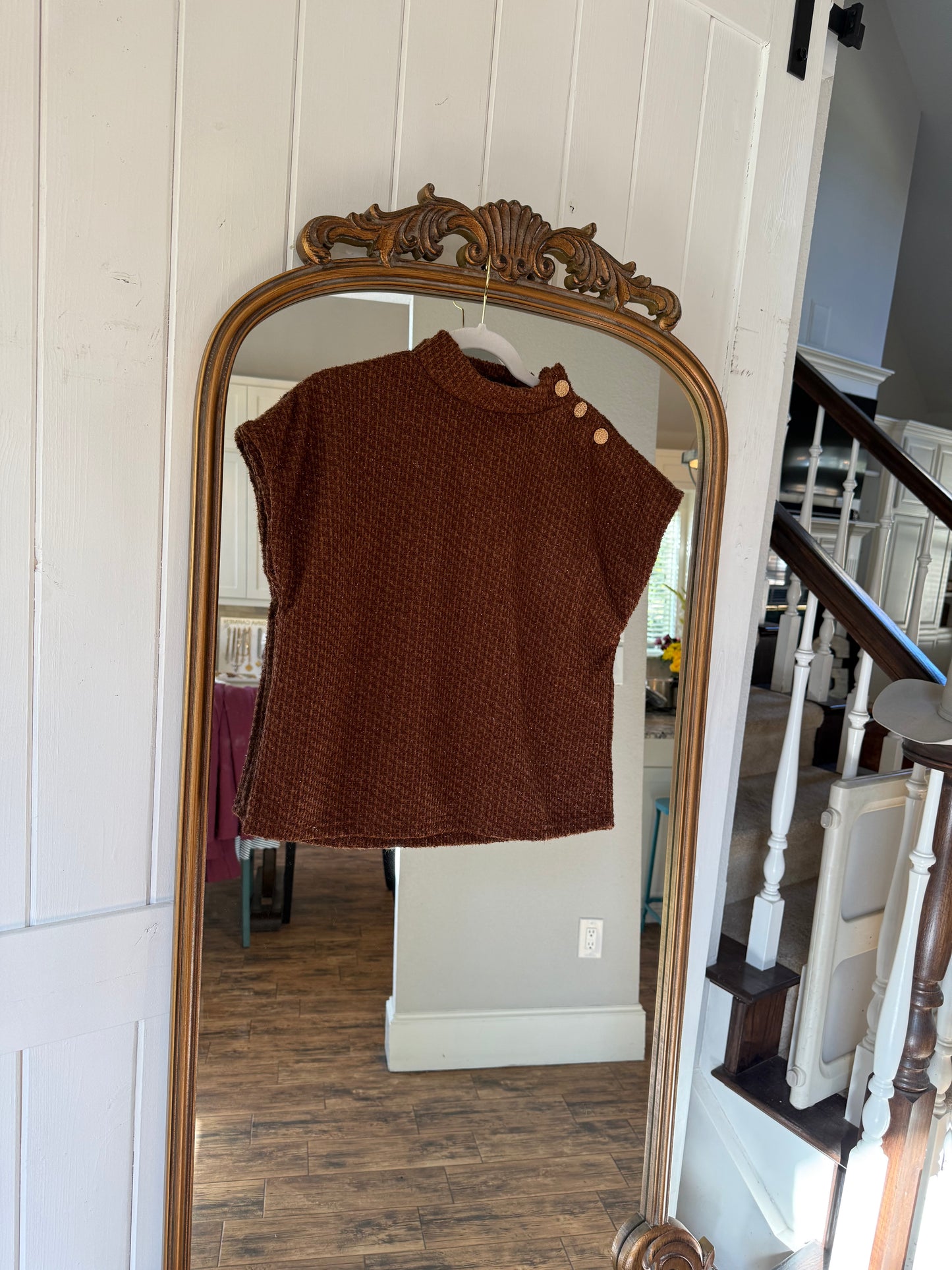 Brown Short Sleeve Tweed Top