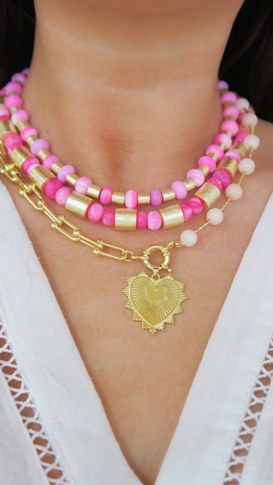 Intricate Heart Charm Necklace - Pink