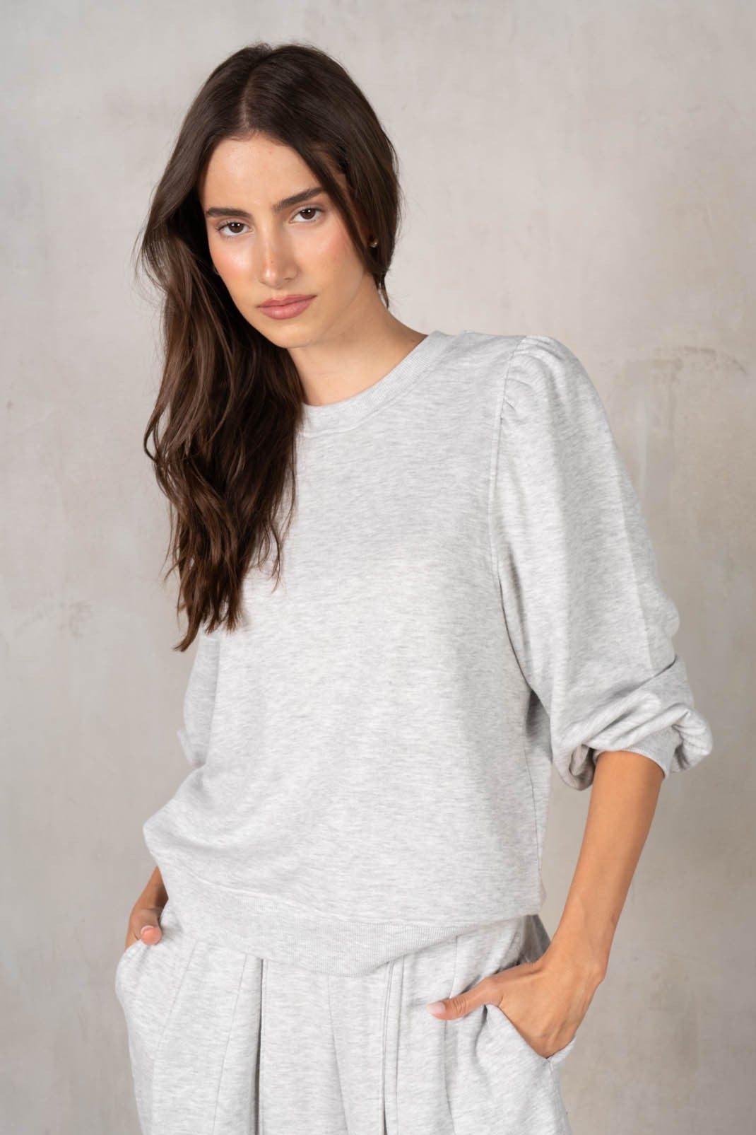 Grey Puff Shoulder Half Sleeve Crewneck
