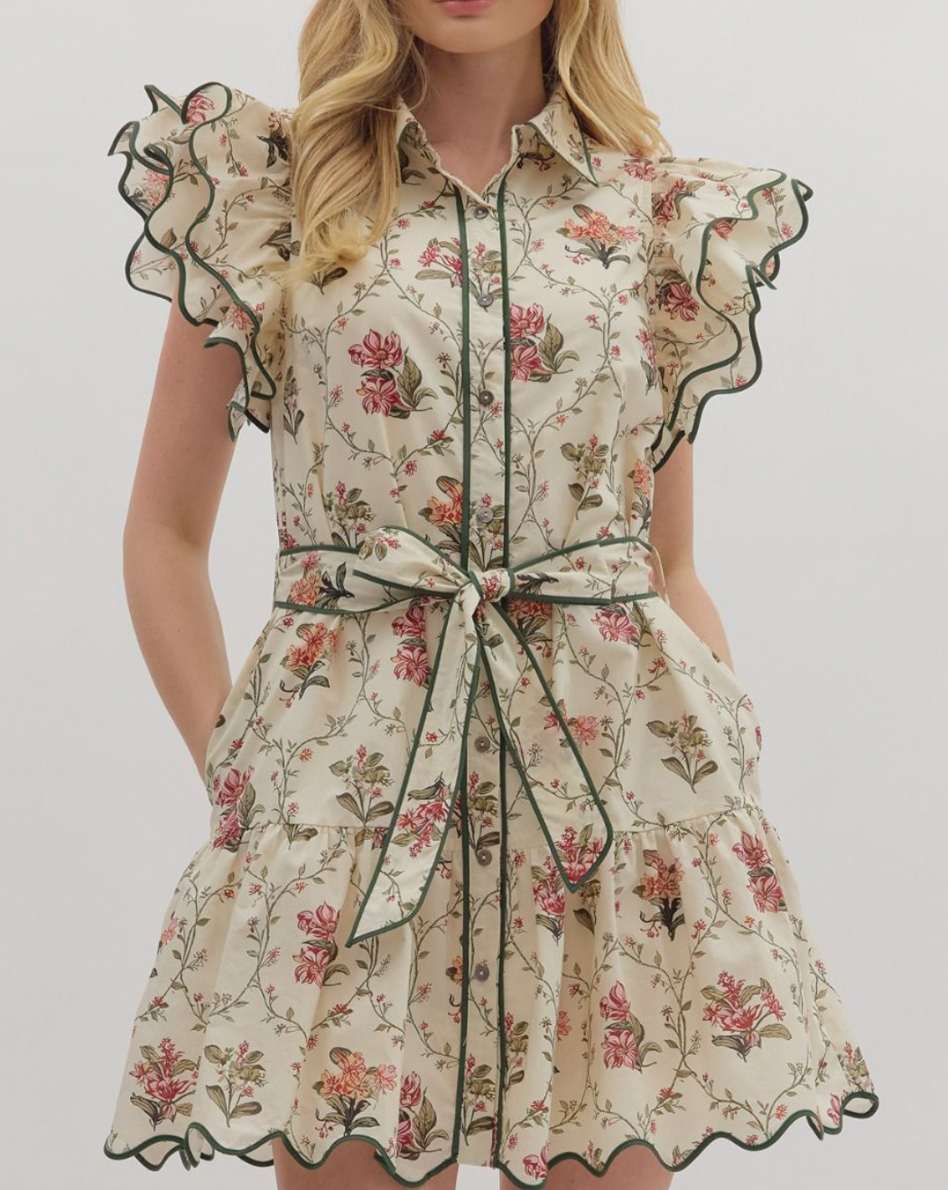 Floral Cream and Olive Dress