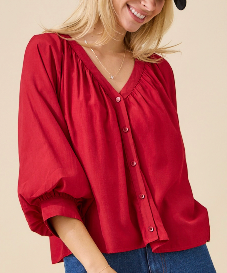 Red V-Neck Button Down