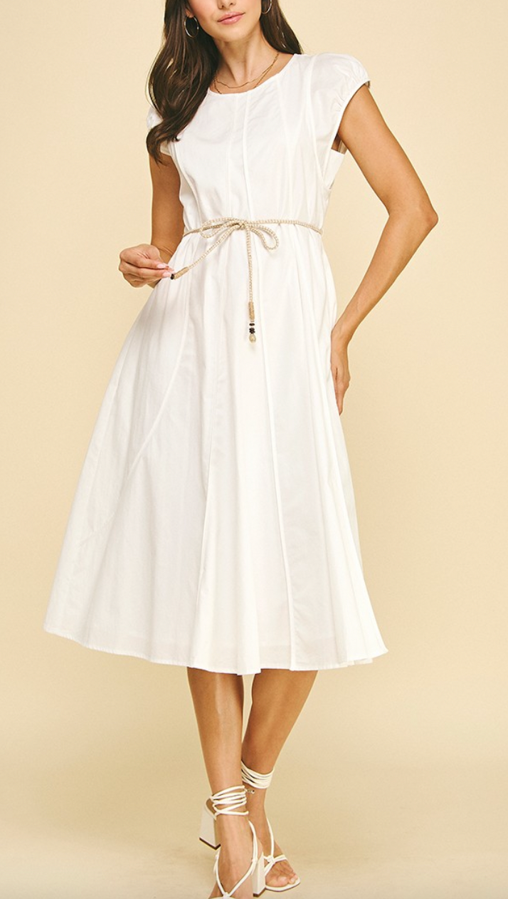 Pinch Rope Belt Cream Midi Dress