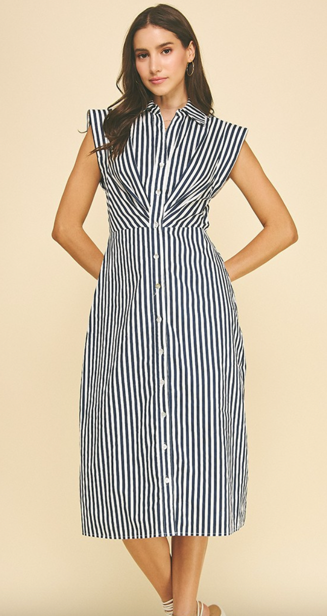 Striped Button Down Pinch Midi Dress