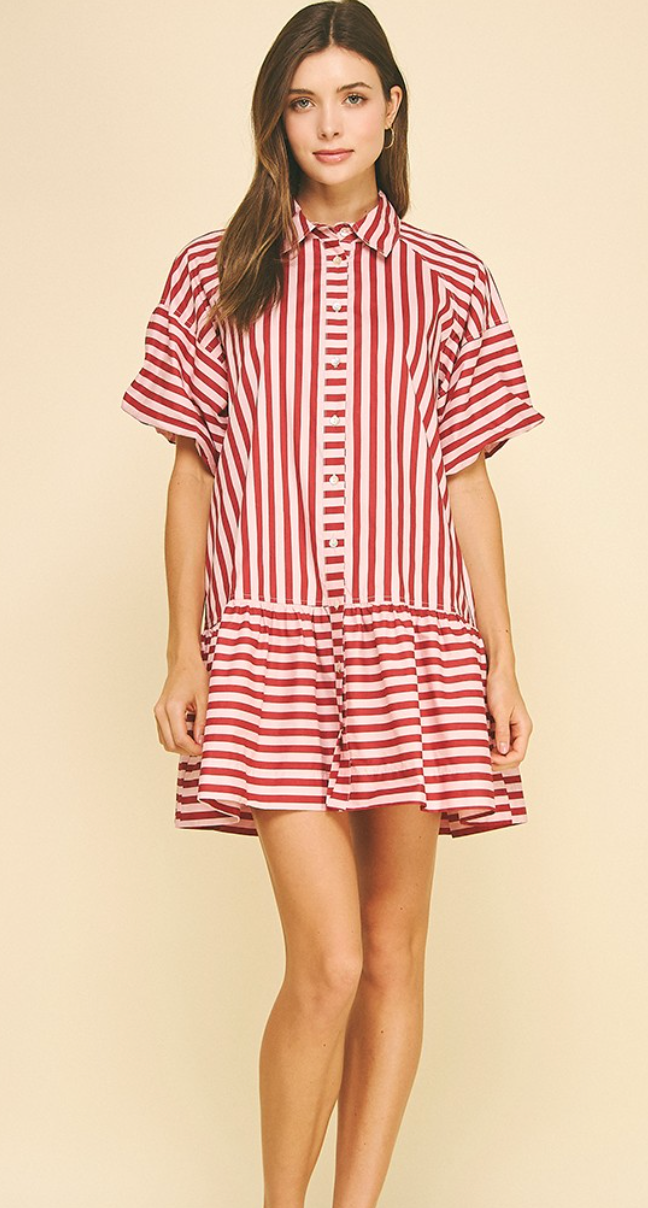 Red and White Striped Button Down Dress