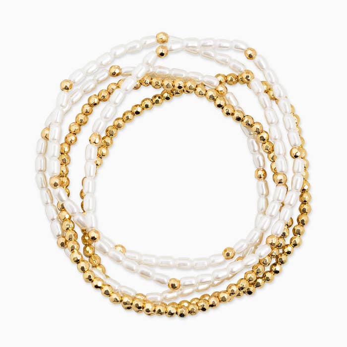 Simple Gold Ball and Pearl Stretch Bracelet Set of 5