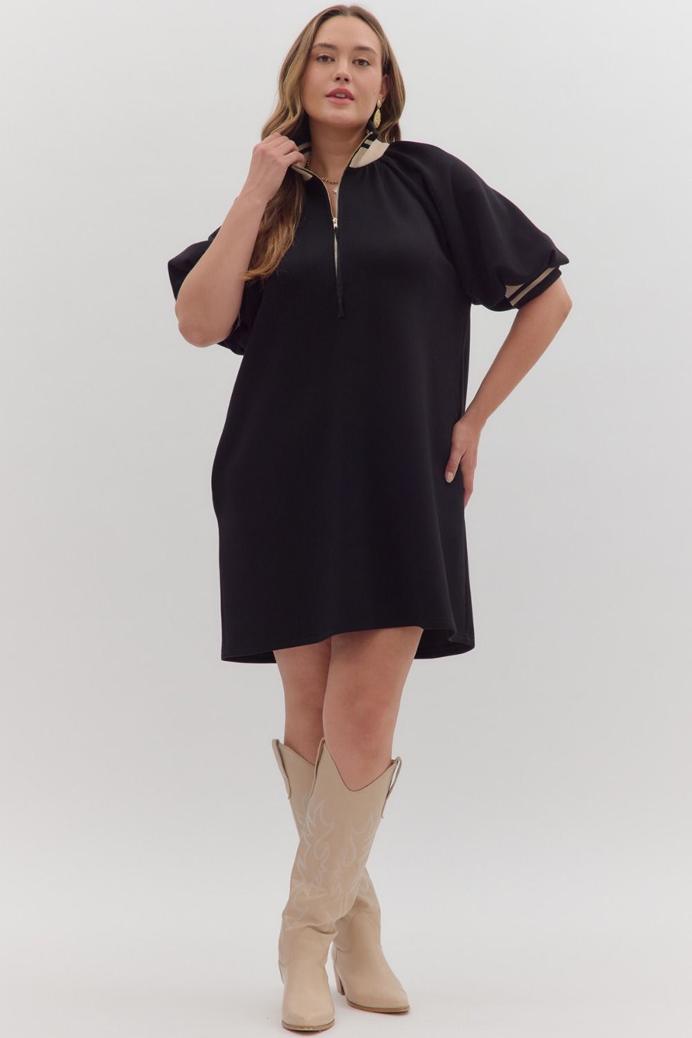 Black/Cream Puff Sleeve Mini Dress