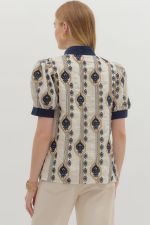 Navy/Cream Embroidered Top