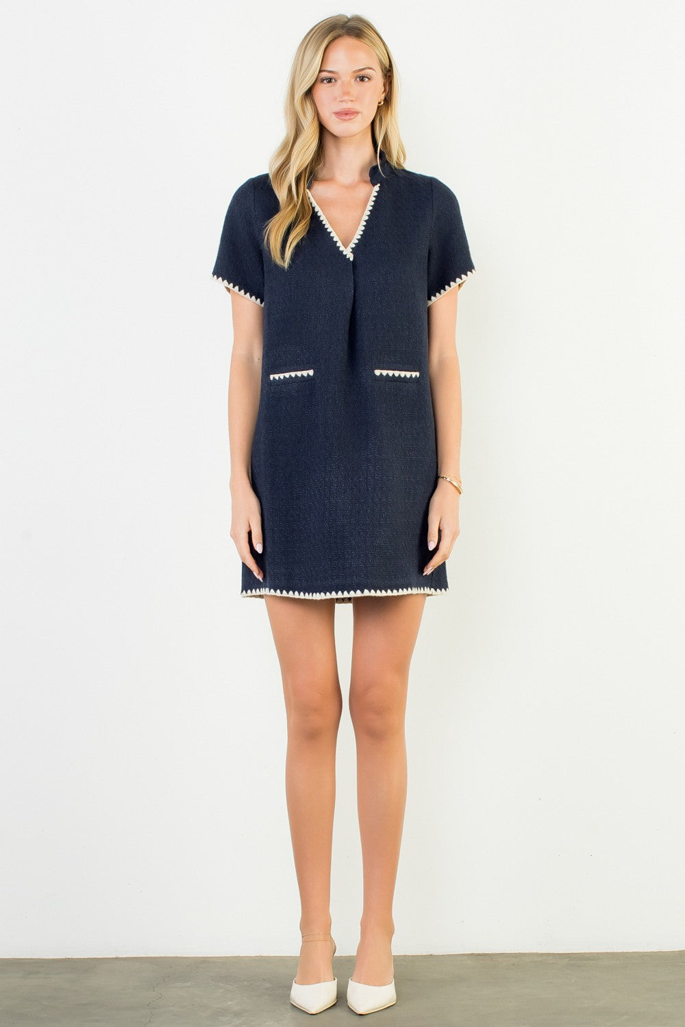 Navy Short Sleeve Textured Dress