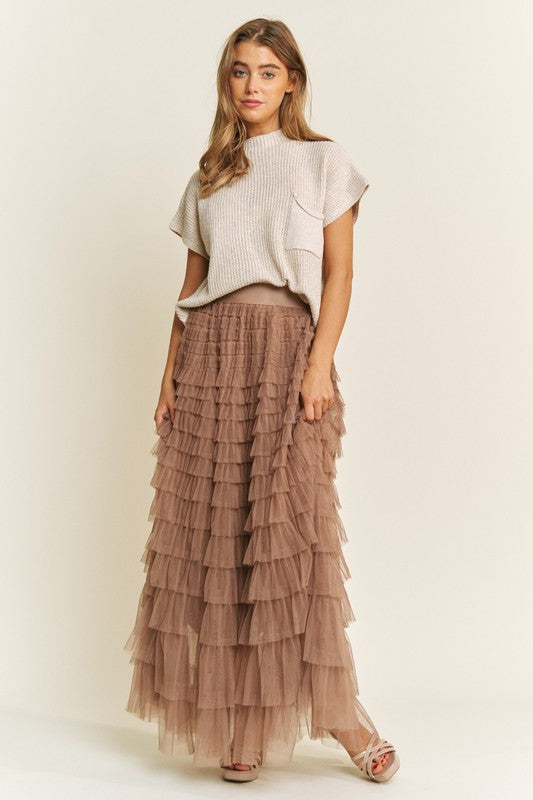 Mocha Cascading Tulle Mesh Tiered Maxi Skirt