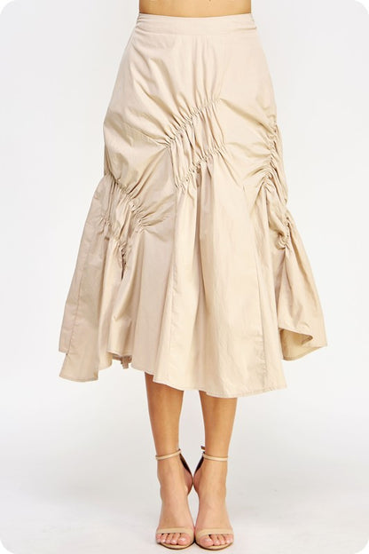 Cream Asymmetric Ruched Midi Skirt