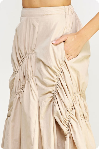 Cream Asymmetric Ruched Midi Skirt