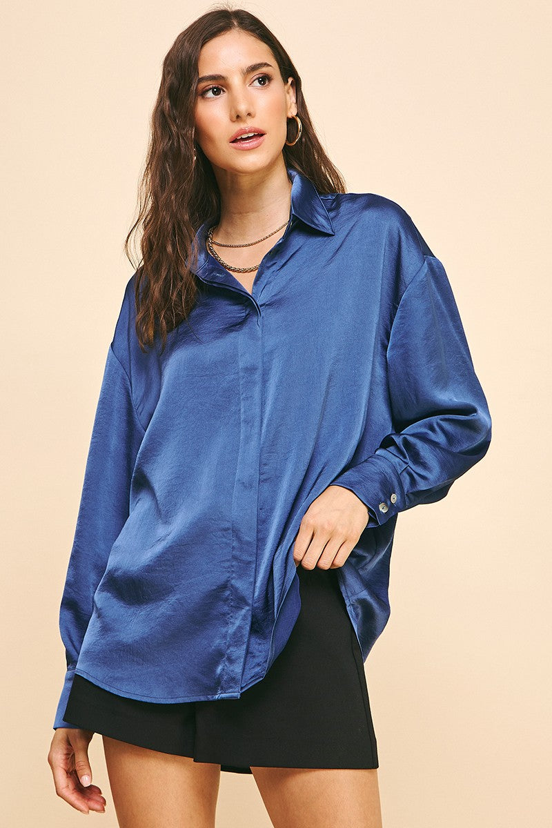 Blue Solid Satin Blouse