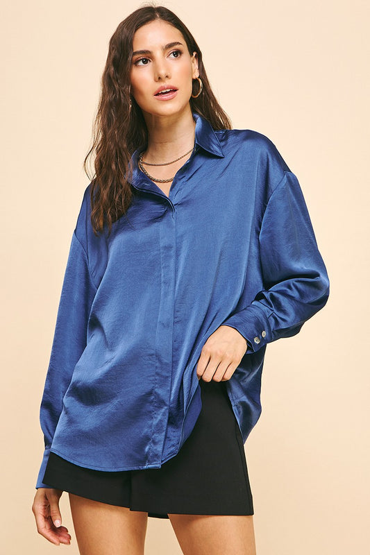 Blue Solid Satin Blouse