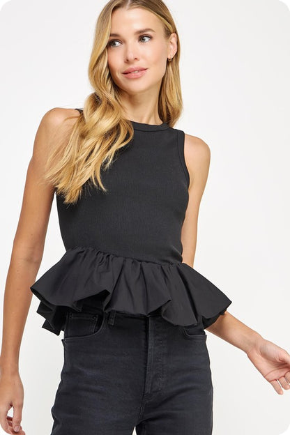 Black Ribbed Knit Poplin Bubble Hem Sleeveless Top