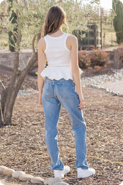 White Ribbed Knit Poplin Bubble Hem Sleeveless Top