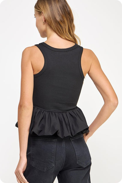 Black Ribbed Knit Poplin Bubble Hem Sleeveless Top