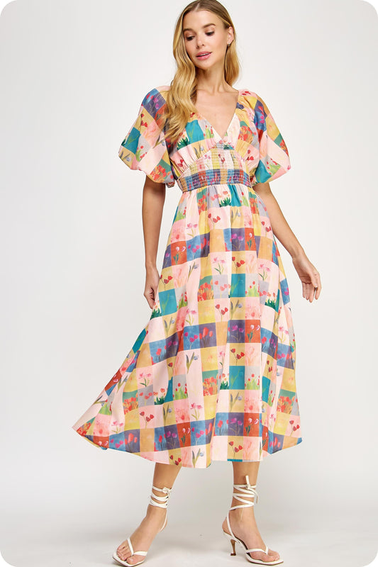 Puff Sleeve Floral Check Dress