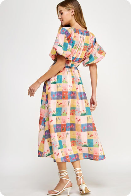 Puff Sleeve Floral Check Dress