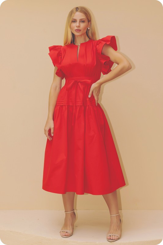 Red Flutter Sleeve Poplin Midi Dress