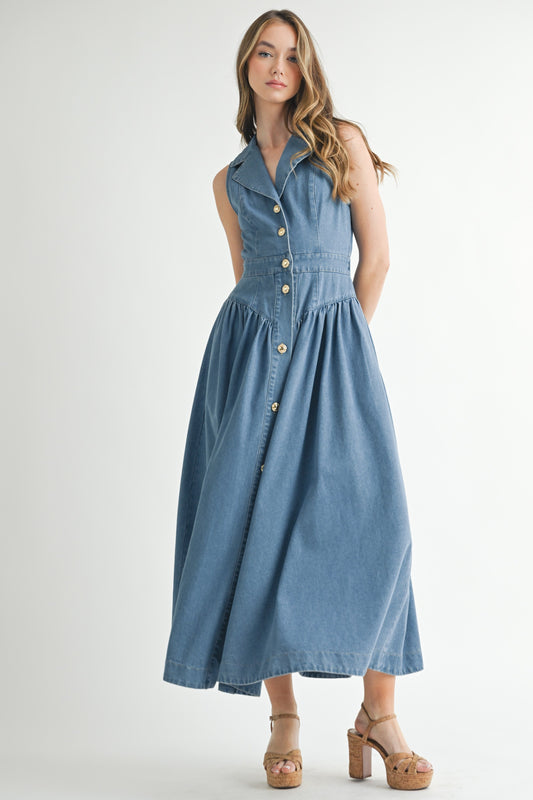 Jacket Collar Denim Midi Dress