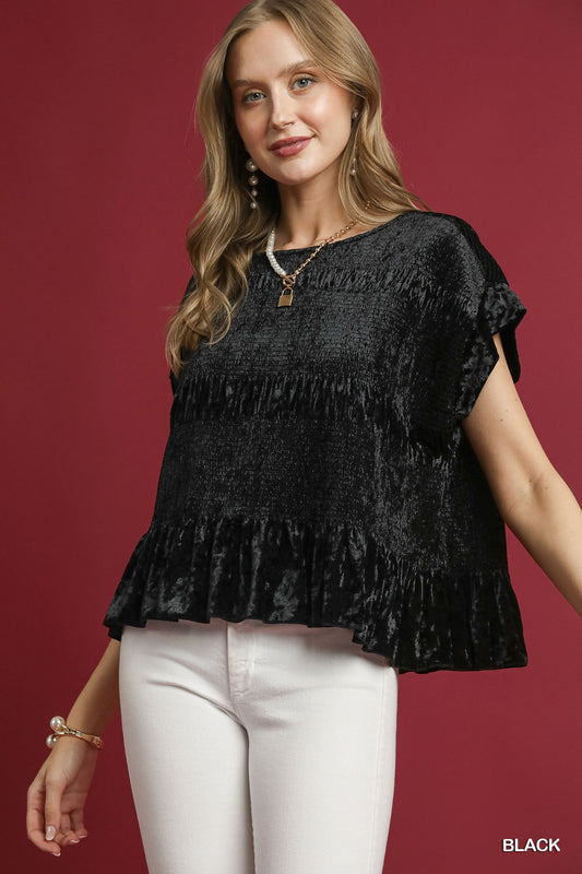 Velvet Ruffle Hem Smocked Blouse