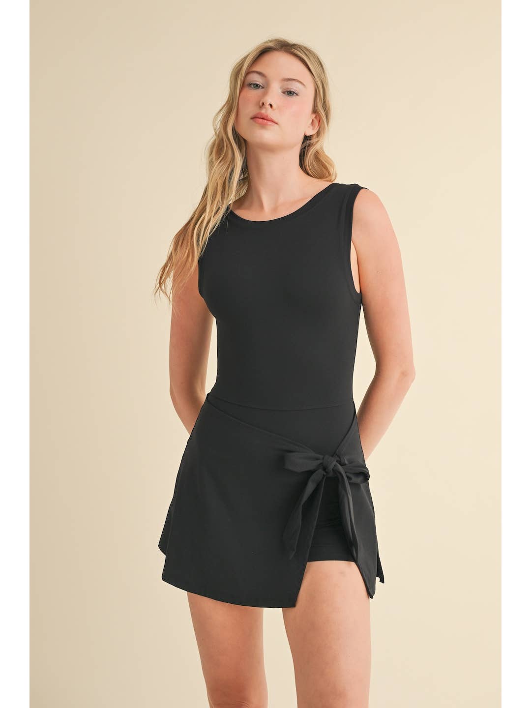 Black Sleeveless Wrap Tie Front Dress