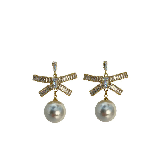 Pave Bow & Pearl Earrings