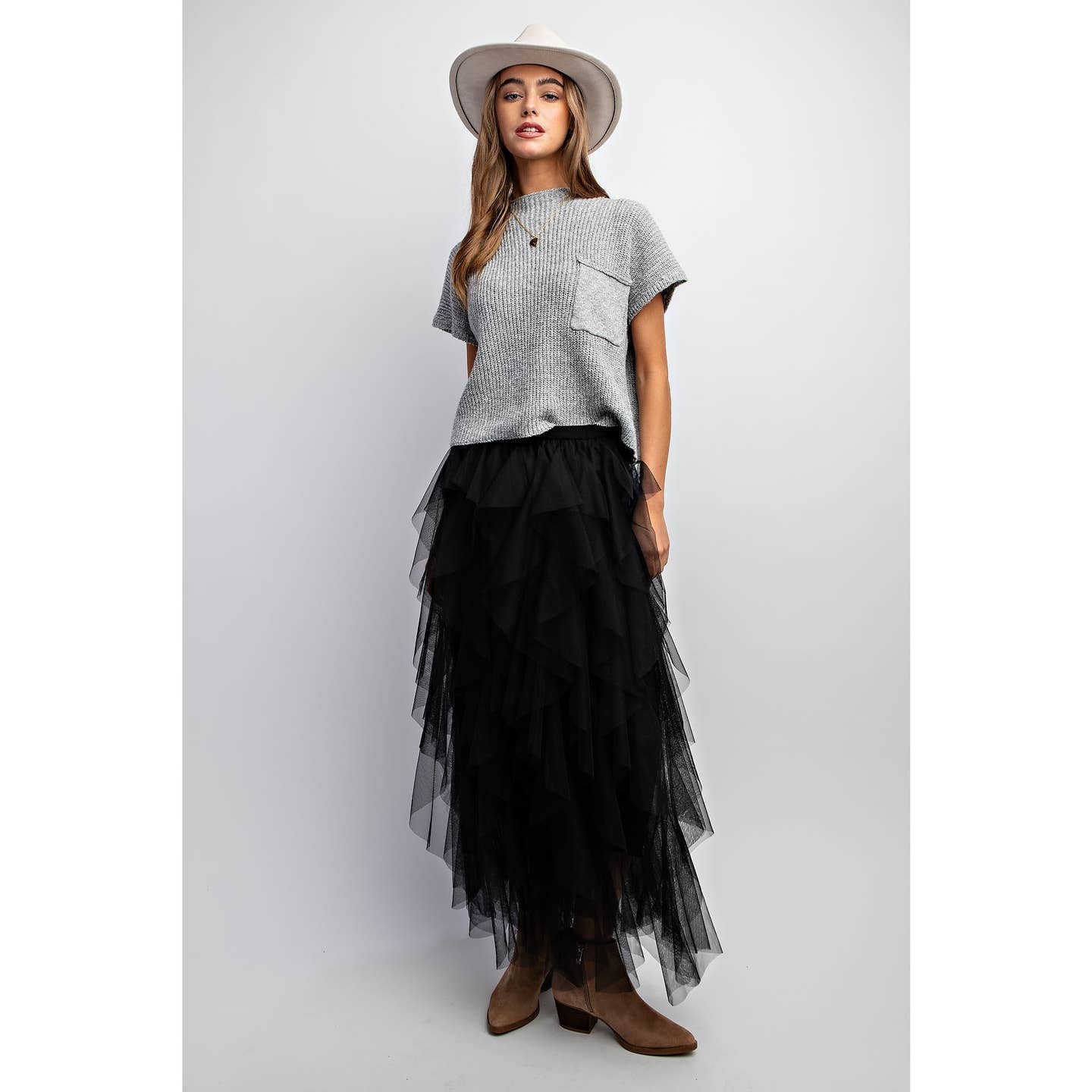 Black Cascading Tulle Mesh Maxi Skirt