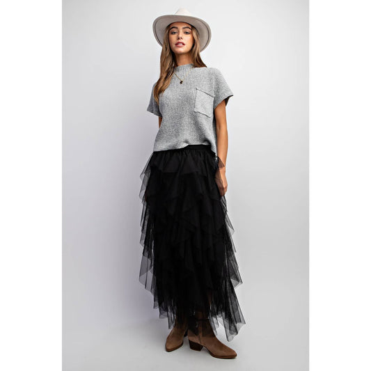Black Cascading Tulle Mesh Maxi Skirt