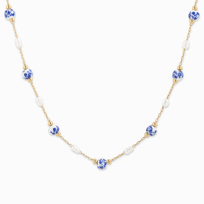 Ceramic Blue and Pearl Mix Bead Chain Necklace