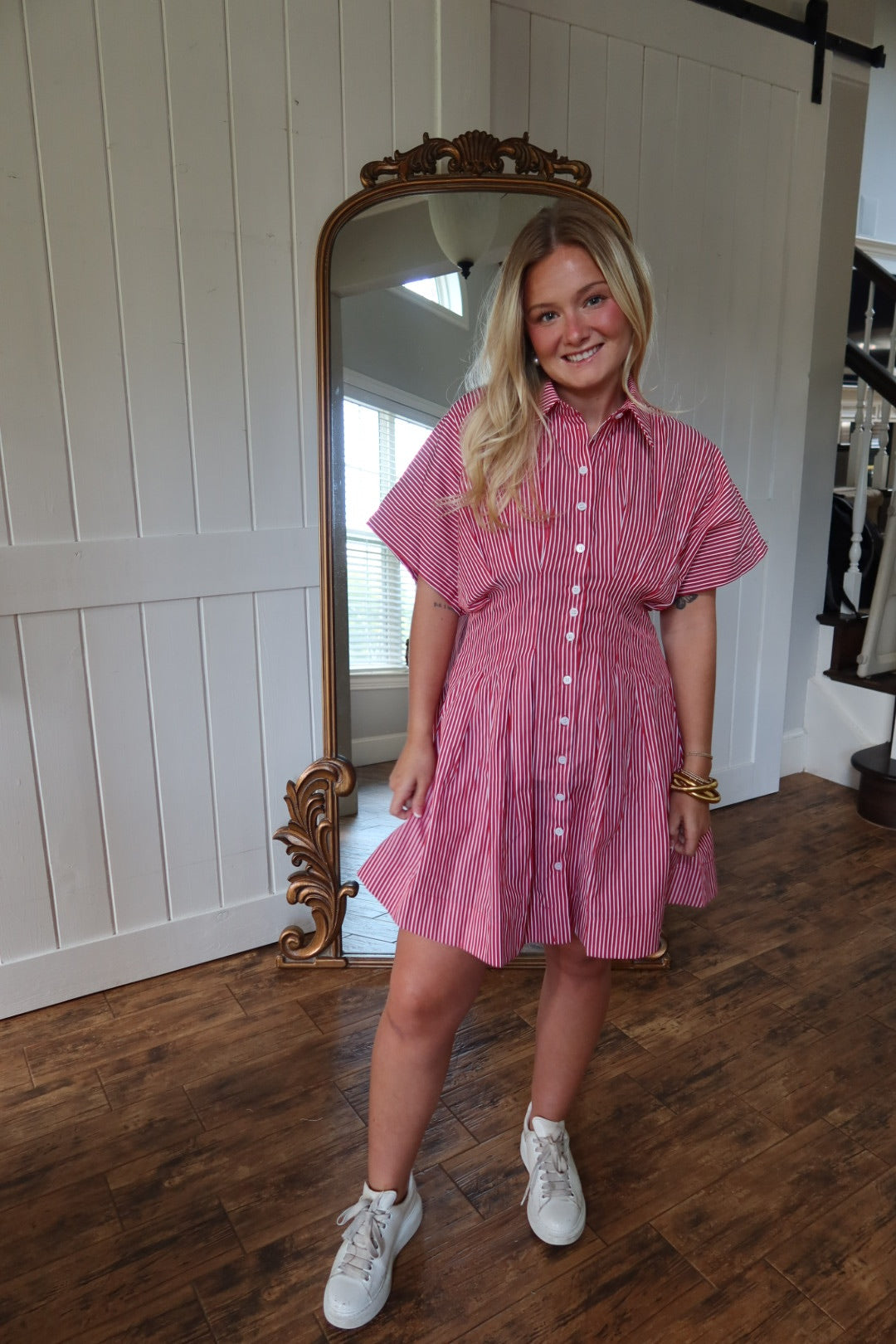 Red Striped Button Down Dress