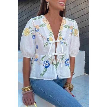 White Floral Tie Top